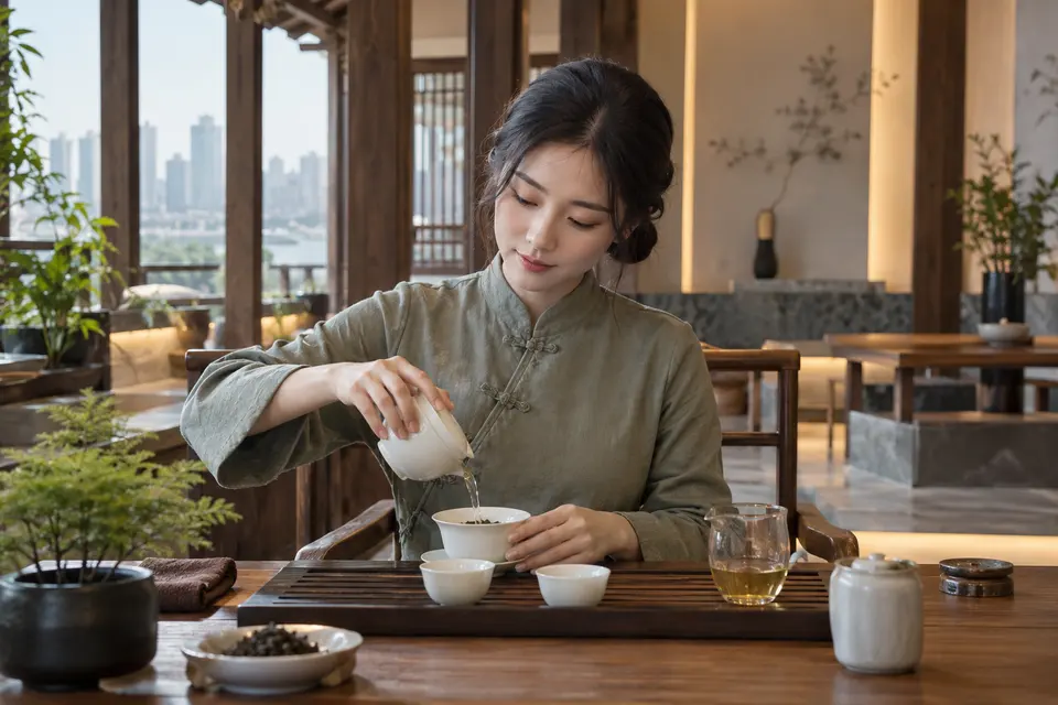 新中式盖碗冲泡场景，茶席与冲泡动作