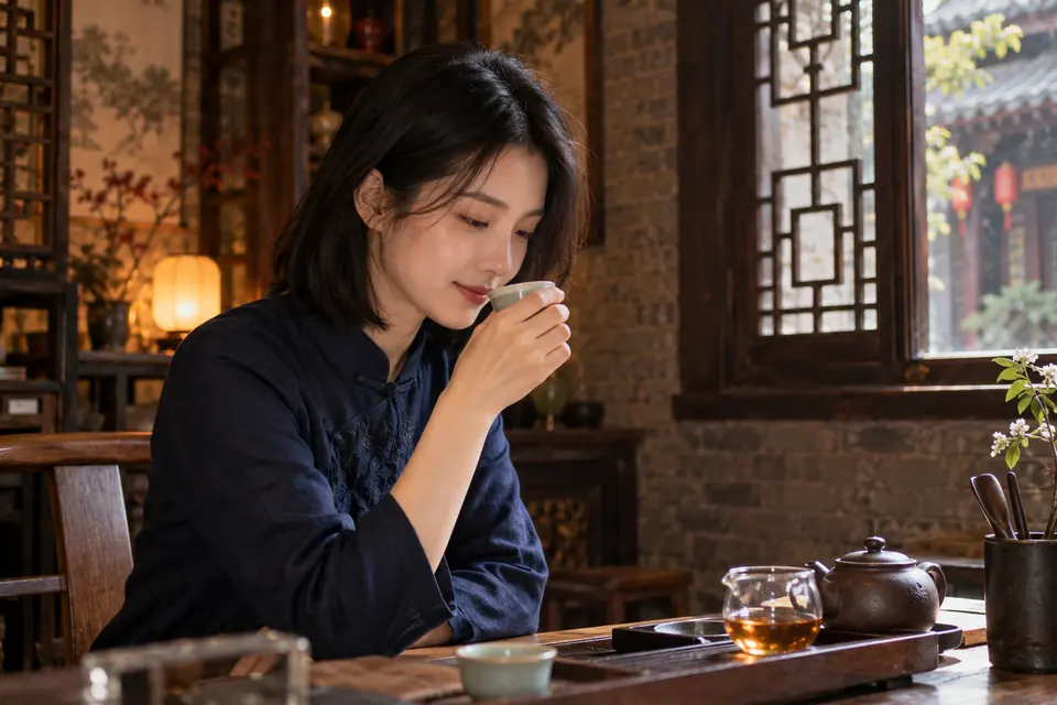 深色木作室内闻香，陶杯与新中式茶席