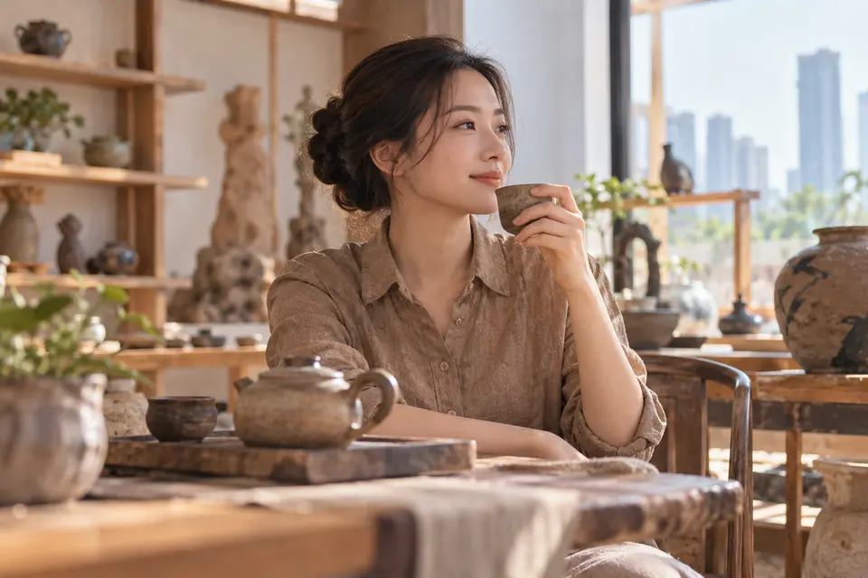 陶艺茶器工作室内，陶器茶杯与茶具陈列